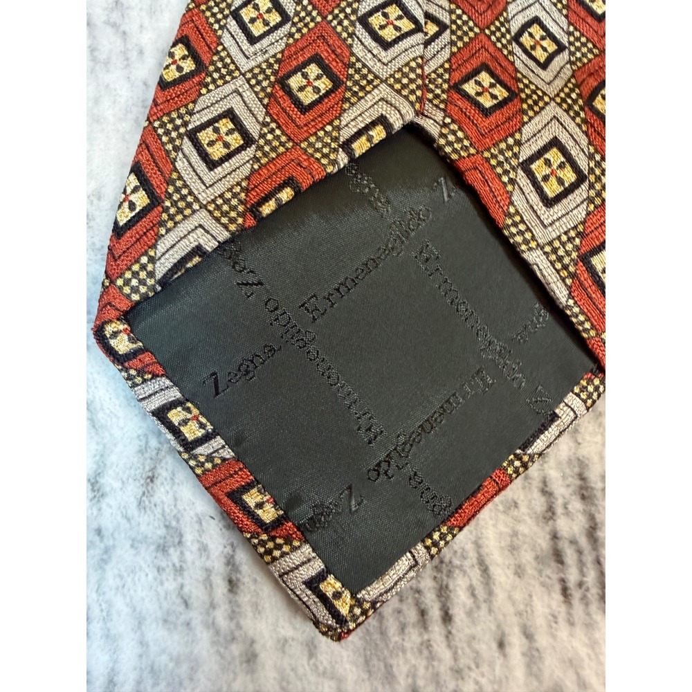 Ermenegildo Zegna Silk Tie Red Silver Gold Geometric Diamond Pattern Italy - Picture 3 of 8